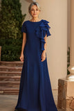 Vaina azul marino Scoop de gasa Vestido largo madre de la novia con volante