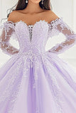 Vestido de XV Princesa Lila Con Hombros Descubiertos Manga Larga de Tul con Apliques