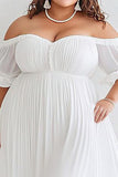 Vestido blanco de tul de tul de línea A hasta el tobillo con hombros descubiertos
