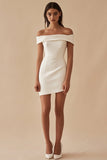 Vestido corto de graduación con vaina de hombro descubierto blanco satinado
