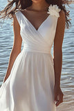 Vestido de graduación blanco sin mangas con escote en V de una línea