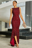 Vestido formal largo de lentejuelas sirena burdeos brillantes con abertura