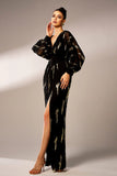 Vestido formal de tul de manga larga con escote en V negro brillante con lentejuelas