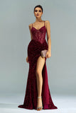 Borgoña brillante corsé de encaje de sirena lentejuelas Vestido formal largo con abertura