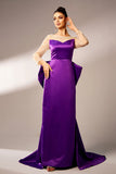 Vestido formal de satén con lazo y color púrpura oscuro Cuello ilusión de manga larga Perlas