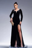 Sirena Negra Cuello en V Manga Larga Borlas Vestido Formal Largo de Terciopelo con Abertura