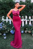 Vestido formal largo fruncido con tirantes de espagueti sirena burdeos