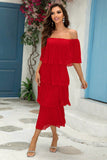 Vestido de dama de honor plisado de una línea con hombros cruzados rojos