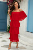 Vestido de dama de honor plisado de una línea con hombros cruzados rojos