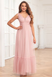 Tirantes finos rubor rosa volantes una línea vestido largo de dama de honor