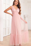 Tirantes finos rubor rosa volantes una línea vestido largo de dama de honor