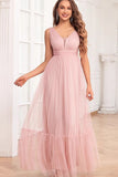 Tirantes finos rubor rosa volantes una línea vestido largo de dama de honor