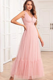 Tirantes finos rubor rosa volantes una línea vestido largo de dama de honor