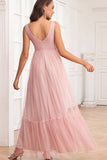 Tirantes finos rubor rosa volantes una línea vestido largo de dama de honor