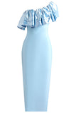 Vestido de dama de honor largo sirena con volantes de un hombro azul cielo
