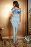 Vestido de dama de honor largo de satén fruncido azul claro sirena