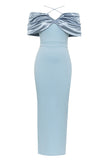 Vestido de dama de honor largo de satén fruncido azul claro sirena