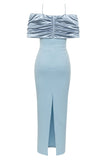 Vestido de dama de honor largo de satén fruncido azul claro sirena