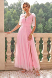 Vestido de dama de honor plisado con abertura y tirantes de espagueti rosa rubor de una línea