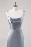 Vestido de dama de honor de satén azul grisáceo con abertura