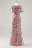 Vestido de lentejuelas madre de la novia con cuello en V con cuello en V de color rosa empolvado con mangas cortas