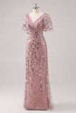 Vestido de lentejuelas madre de la novia con cuello en V con cuello en V de color rosa empolvado con mangas cortas