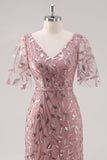 Vestido de lentejuelas madre de la novia con cuello en V con cuello en V de color rosa empolvado con mangas cortas
