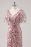 Vestido de lentejuelas madre de la novia con cuello en V con cuello en V de color rosa empolvado con mangas cortas