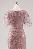 Vestido de lentejuelas madre de la novia con cuello en V con cuello en V de color rosa empolvado con mangas cortas