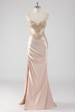 Vestido de fiesta con apliques de corsé champán brillante con abertura