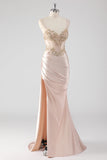 Vestido de fiesta con apliques de corsé champán brillante con abertura