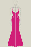 Vestido formal de encaje fucsia con tirantes finos con abertura