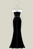 Vestido formal con hombros descubiertos con funda en contraste de satén mate negro