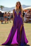 Mono largo de invitada de boda con tirantes de espagueti morado oscuro con espalda abierta