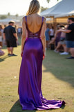 Vestido largo de invitada de boda con cuello redondo y espalda abierta de color púrpura oscuro con lentejuelas