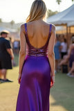 Vestido largo de invitada de boda con cuello redondo y espalda abierta de color púrpura oscuro con lentejuelas