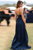 Tirantes finos azul marino Vestido largo de invitada de boda de línea A