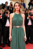 Vestido de gala halter A Line gris verde con cinturón