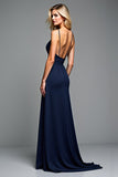Vestido largo de invitada de boda con tirantes de espagueti azul marino de una línea