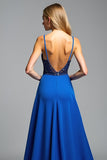 Tirantes finos Azul real A Line Beads Vestido de fiesta con abertura