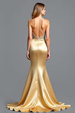 Vestido de fiesta con vaina de cuentas sin tirantes dorado con abertura
