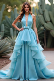 Vestido de fiesta largo halter azul de una línea con volantes