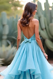 Vestido de fiesta largo halter azul de una línea con volantes