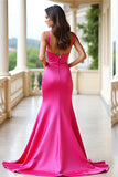 Vestido de fiesta largo sirena de cuello cuadrado fucsia con abertura
