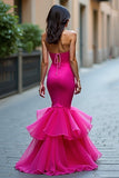 Vestido de fiesta largo de sirena fucsia con tul