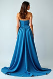 Vestido de invitada de boda largo fruncido sin tirantes sin tirantes azul con abertura