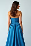 Vestido de invitada de boda largo fruncido sin tirantes sin tirantes azul con abertura