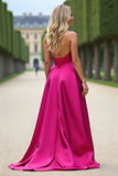 Fucsia palabra de honor A Line Prom Dress con abertura