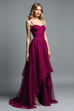 Vestido de invitada de boda largo de tirantes de espagueti morado oscuro con volantes