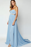 Vestido de invitada de boda largo de novia de línea A con corte azul con abertura